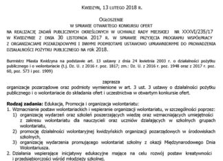 Otwarty konkurs ofert na realizację zadań pożytku publicznego w 2018 roku w dziedzinie: Edukacja, Promocja i organizacja wolontariatu 13 02 2018 ogloszenie1