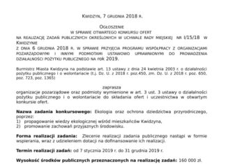 Ogłoszenie w sprawie otwartego konkursu ofert na realizację zadań publicznych związanych z ochroną środowiska 07 12 2018 ogloszenie ochrona srodowiska1