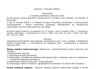 Ogłoszenie w sprawie otwartego konkursu ofert na realizację zadań publicznych związanych ze sportem 07 12 2018 ogloszenie sport1