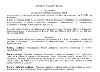 Ogłoszenie w sprawie otwartego konkursu ofert na realizację zadania prowadzenia placówek wsparcia dziennego 07 12 2018 ogloszenie swietlice1