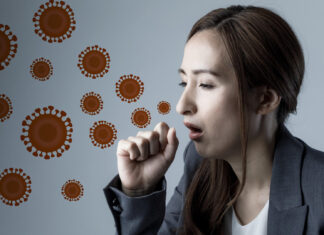 Ilustracja kobiety roznoszącej wirusa przez kaszel