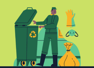 Wytyczne dotyczące postępowania z odpadami w czasie trwania epidemii Grafika mężczyzny wywożącego odpady