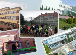 Dni otwarte i rekrutacja w kwidzyńskich szkołach kolaż zdjęć budynków 5 szkół podstawowych