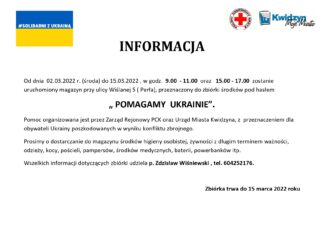Zbiórka „POMAGAMY UKRAINIE” plansza z informacją o zbiórce zawierająca dane z wpisu