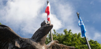 Widok orła - części Grobu Nieznanego Żołnierza na Skwerze Kombatantów w Kwidzynie, na tle flagi polskiej i Kwidzyna