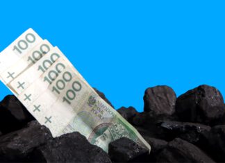 węgiel na niebieskim tle, na pierwszym planie banknoty o nominale 100 zł