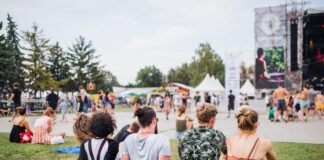 grupa ludzi siedzi na trawie przed sceną