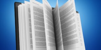 zdjęcie poglądowe do książki elektronicznej: fotomontaż kartek książki tradycyjnej wyłaniających się z ekranu