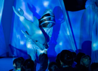 Spektakl - aktor z delfinem w ręku