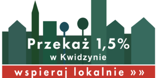 Logo Wspieraj lokalnie, zielone budynki w tle, z przodu napis: Przekaż 1,5% w Kwidzynie