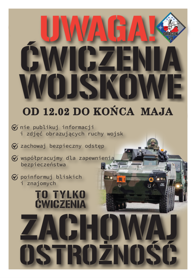 plakat - Uwaga ćwiczenia wojskowe