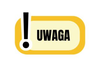 Obrazek dekoracyjny: na żółtym polu tekstowym napis UWAGA z wykrzyknikiem